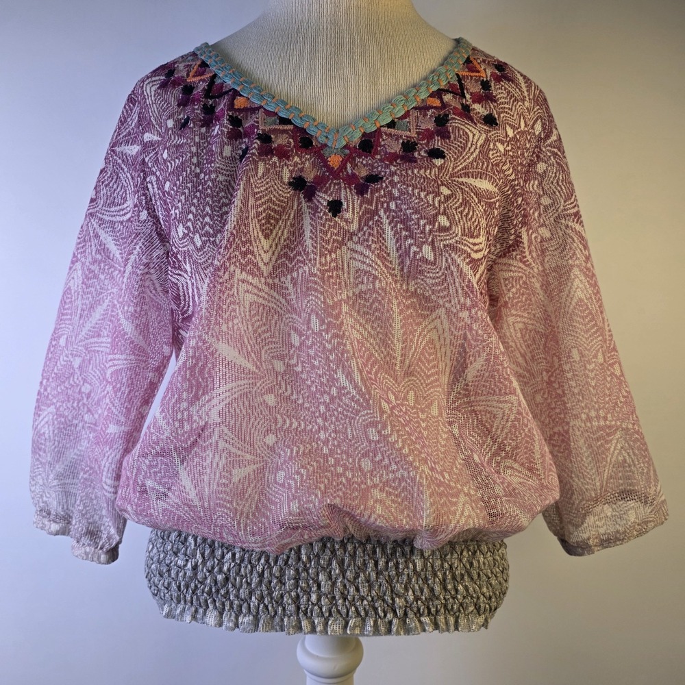 Akemi + Kin Blouse Women's Small Boho Embroidered Sheer Mesh Pink Purple Top - Picture 3 of 10